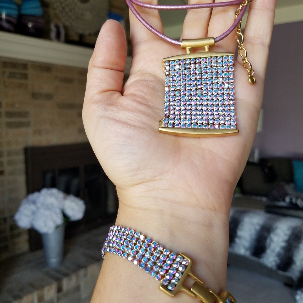 AUTHENTIC RARE Vintage Swarovski Mesh Aurora Borealis SET Necklace & Bracelet - Picture 7 of 17